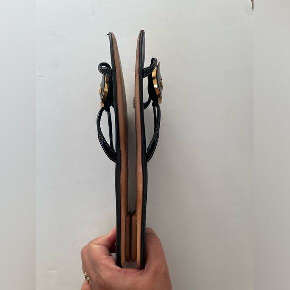 Prada Heeled Sandals Gold Logo Black Leather T Strap Flip Flop Slides EU 41 - Picture 9 of 10